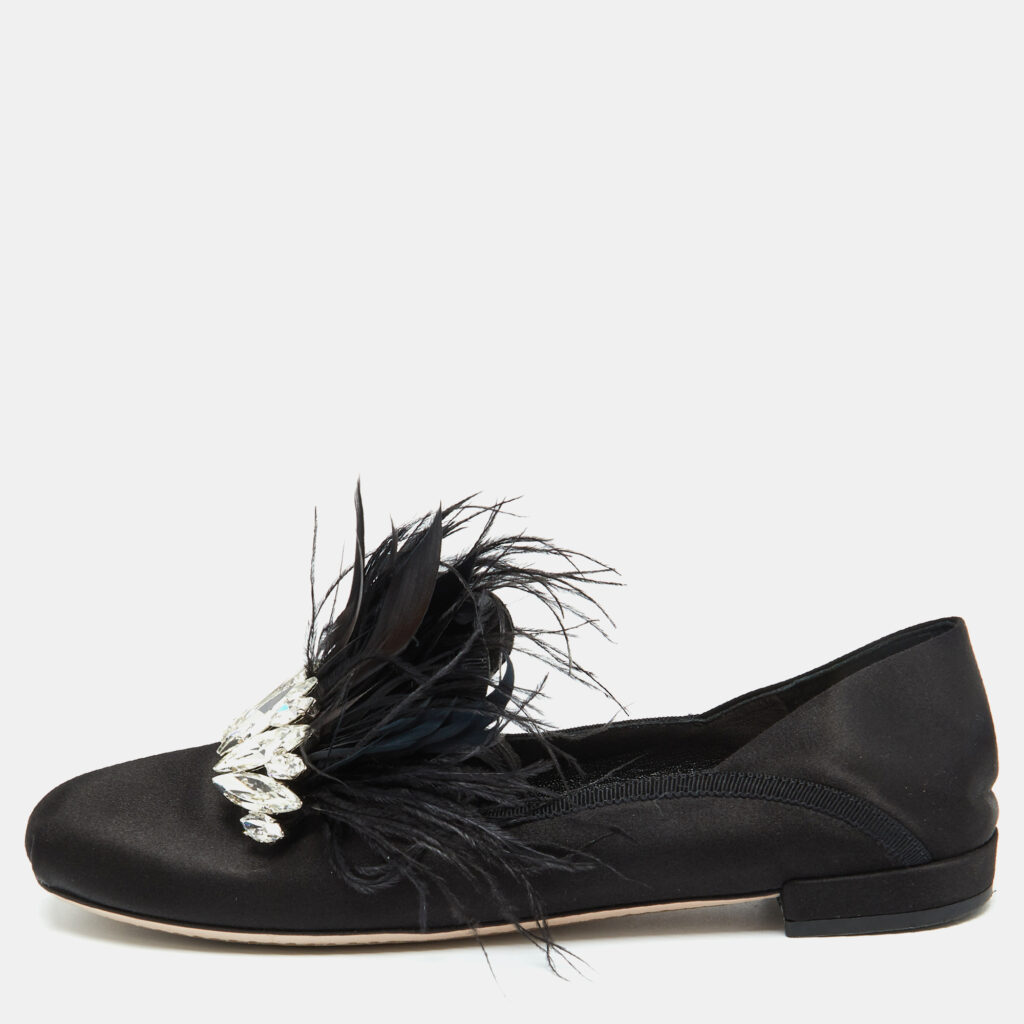 Miu Miu Black Satin Feather Crystal Embellished Smoking Slippers Size 38.5 Miu Miu Black Satin Feather Crystal Embellished Smoking Slippers Size 38.5