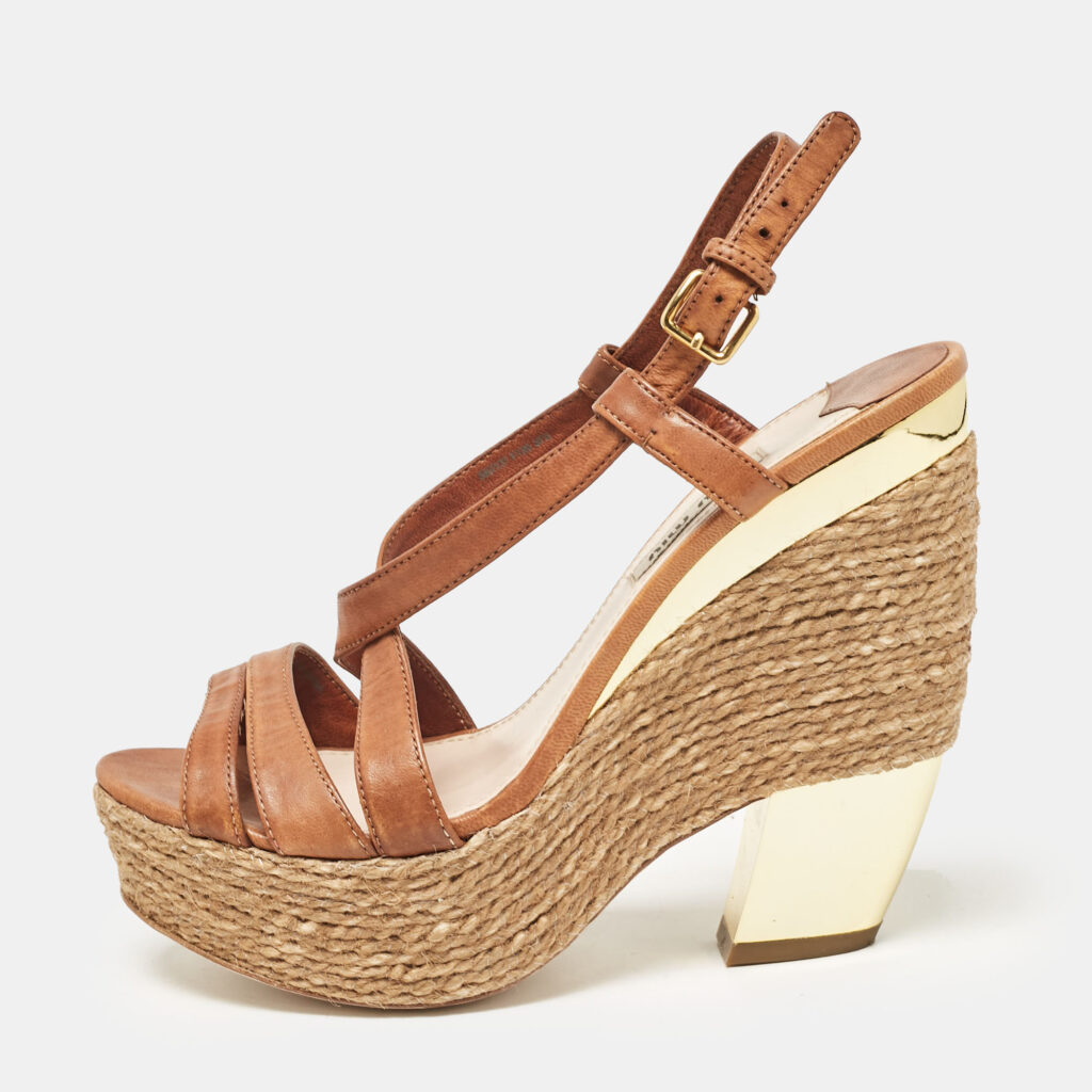Miu Miu Brown Leather Wedge Sandals Size 37.5 Miu Miu Brown Leather Wedge Sandals Size 37.5