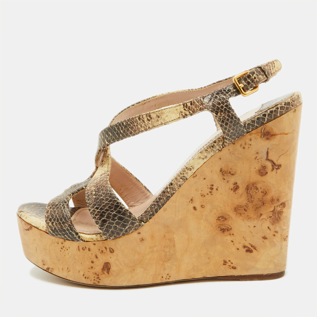 Miu Miu Brown/Cream Python Embossed Leather Platform Wedge Sandals Size 38 Miu Miu Brown/Cream Python Embossed Leather Platform Wedge Sandals Size 38