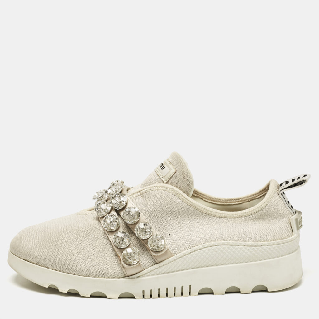 Miu Miu Cream Knit Fabric Crystal Embellished Slip On Sneakers Size 41 Miu Miu Cream Knit Fabric Crystal Embellished Slip On Sneakers Size 41