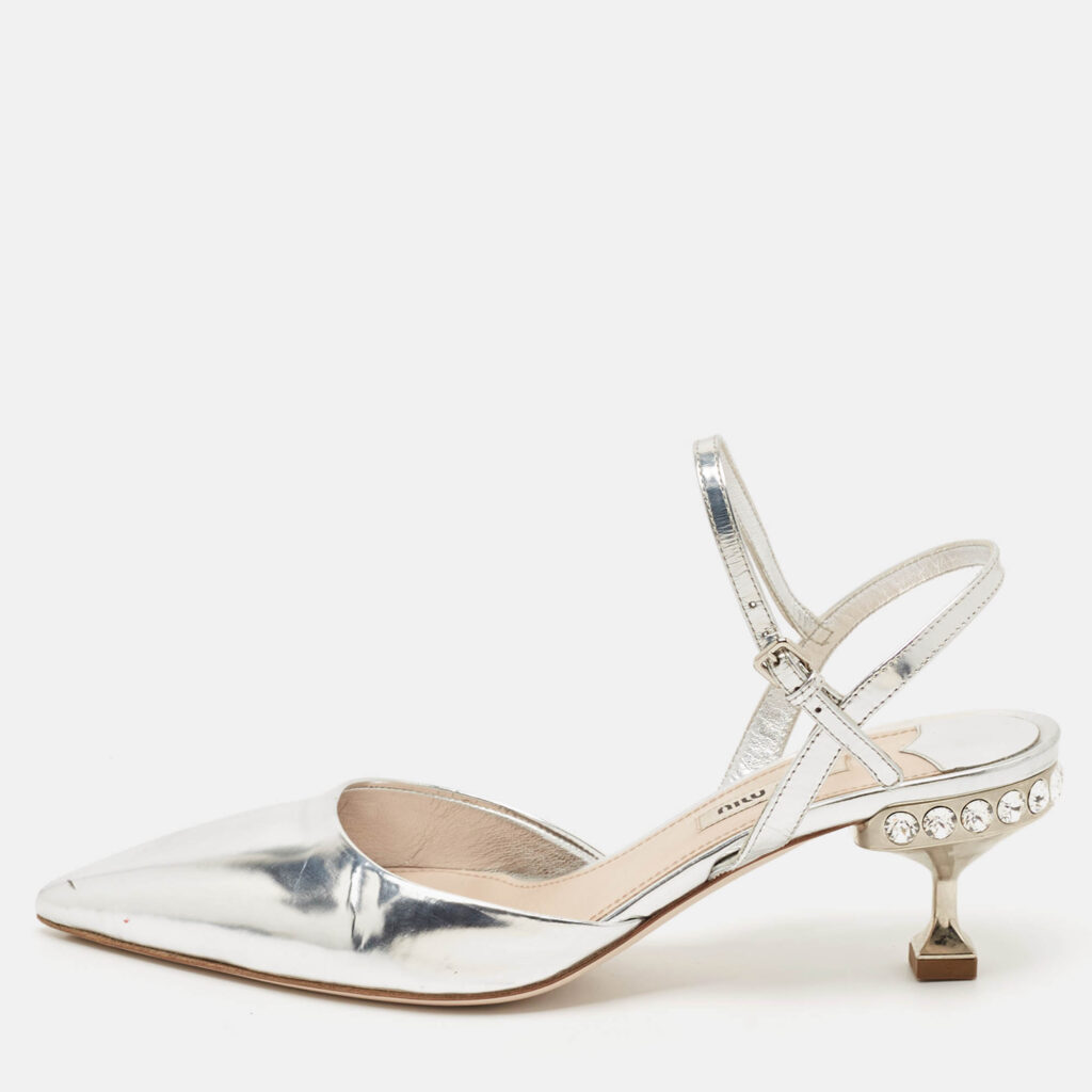 Miu Miu Silver Patent Leather Pointed Toe Slingback Pumps Size 37 Miu Miu Silver Patent Leather Pointed Toe Slingback Pumps Size 37