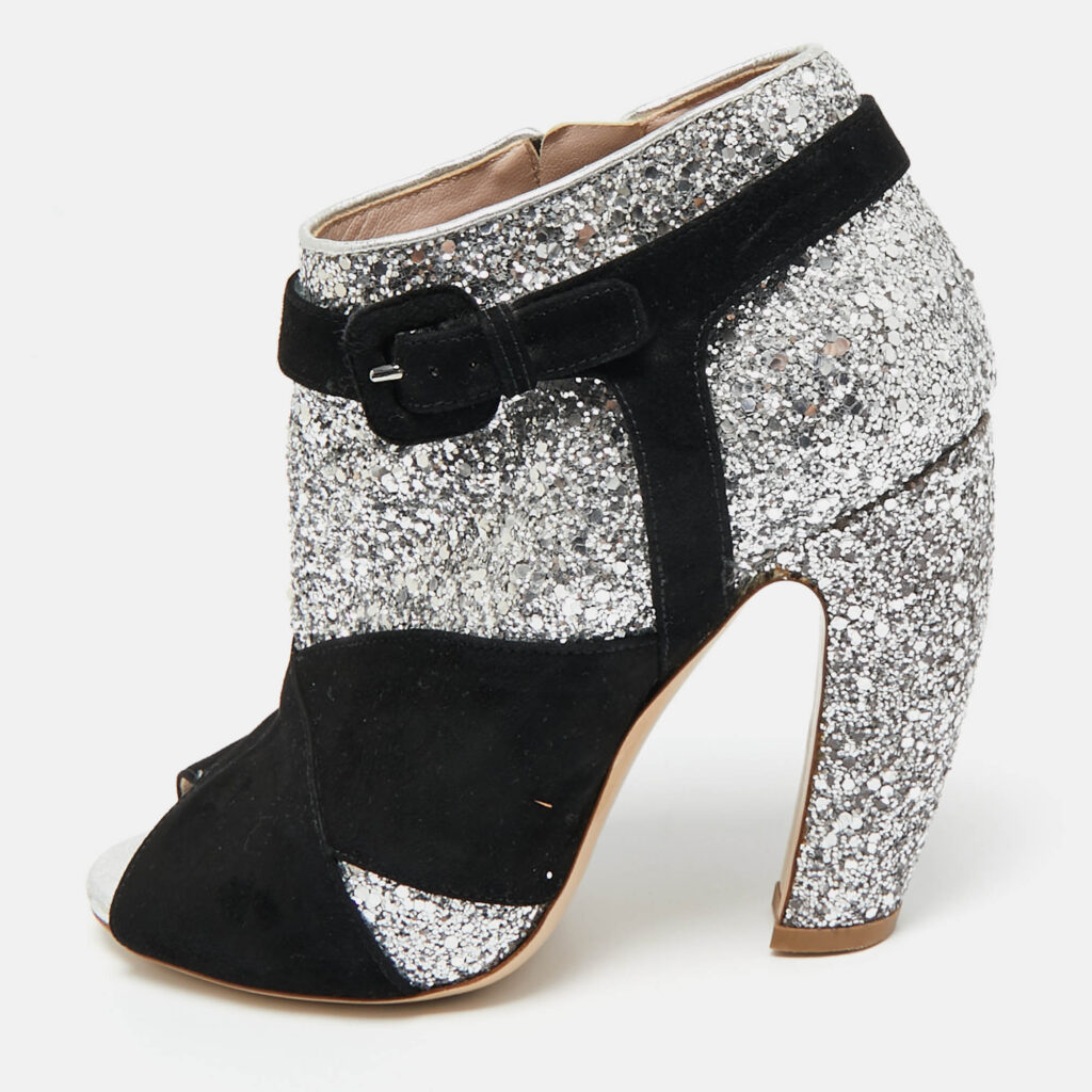 Miu Miu Silver/Black Glitter and Suede Peep-Toe Ankle Boots Size 36 Miu Miu Silver/Black Glitter and Suede Peep-Toe Ankle Boots Size 36