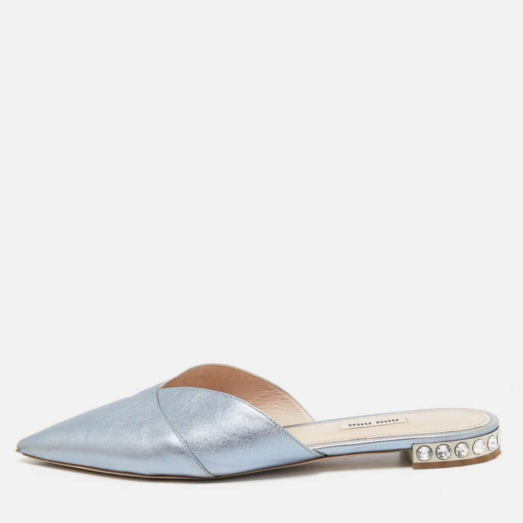 Miu Miu Metallic Blue Leather Crystal Embellished Mules Size 41 Miu Miu Metallic Blue Leather Crystal Embellished Mules Size 41