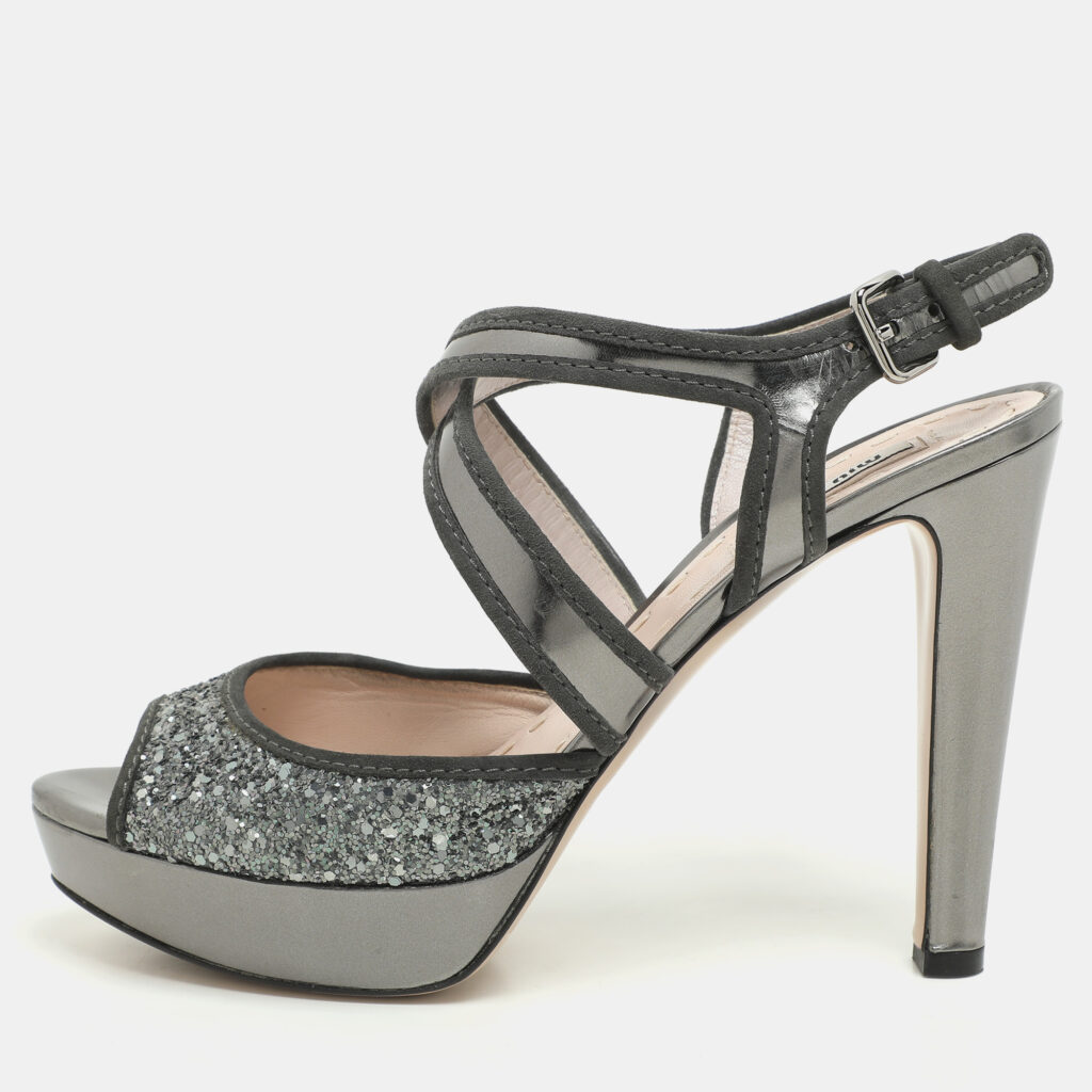 Miu Miu Grey Glitter and Leather Criss Cross Platform Pumps Size 40.5 Miu Miu Grey Glitter and Leather Criss Cross Platform Pumps Size 40.5