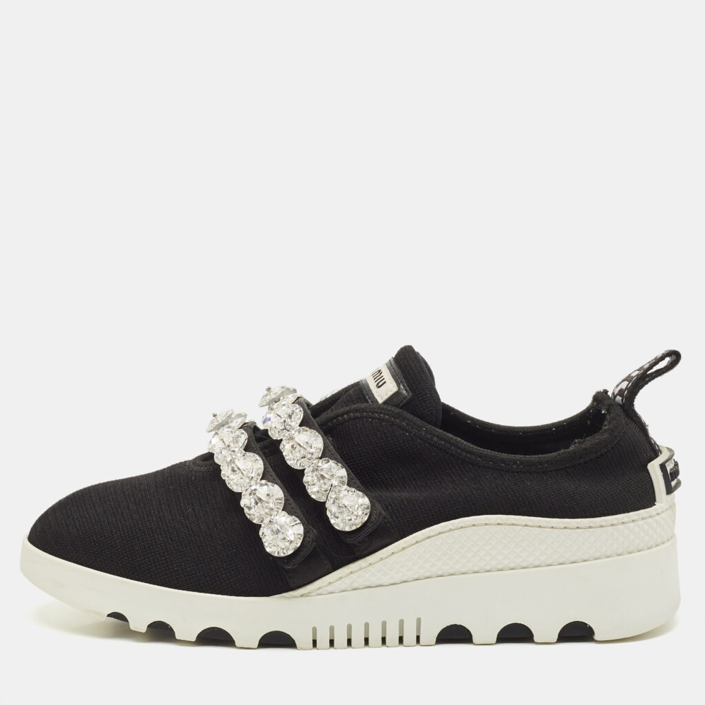 Miu Miu Black Knit Fabric Crystal Embellished Slip On Sneakers Size 37.5 Miu Miu Black Knit Fabric Crystal Embellished Slip On Sneakers Size 37.5