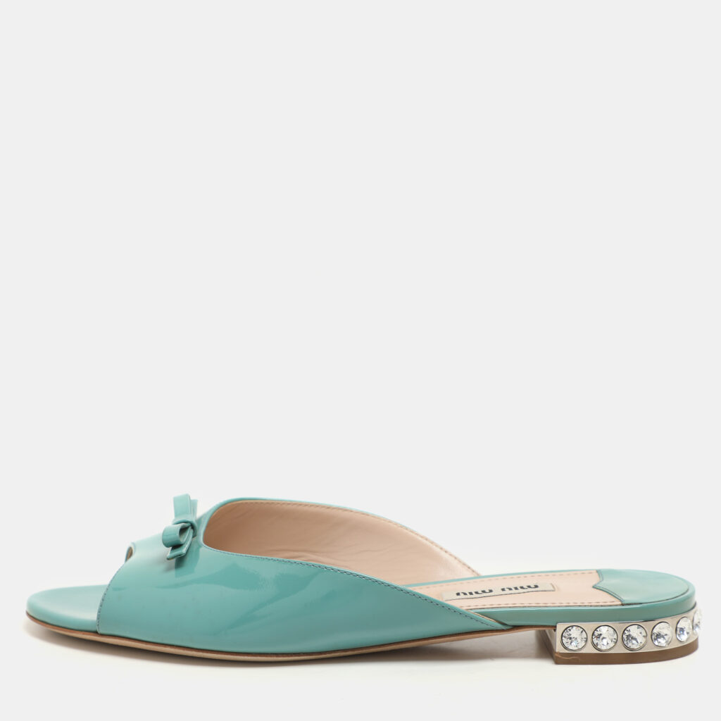 Miu Miu Mint Green Patent Leather Bow Crystal Embellished Heel Flat Slides Size 37 Miu Miu Mint Green Patent Leather Bow Crystal Embellished Heel Flat Slides Size 37