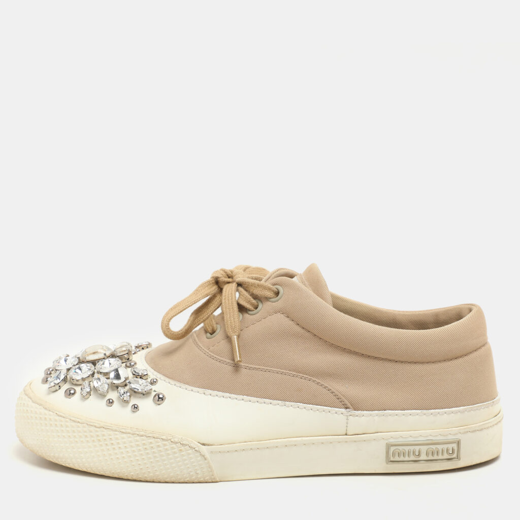 Miu Miu Beige/White Canvas and Rubber Crystal Embellished Cap Toe Sneakers Size 36.5 Miu Miu Beige/White Canvas and Rubber Crystal Embellished Cap Toe Sneakers Size 36.5