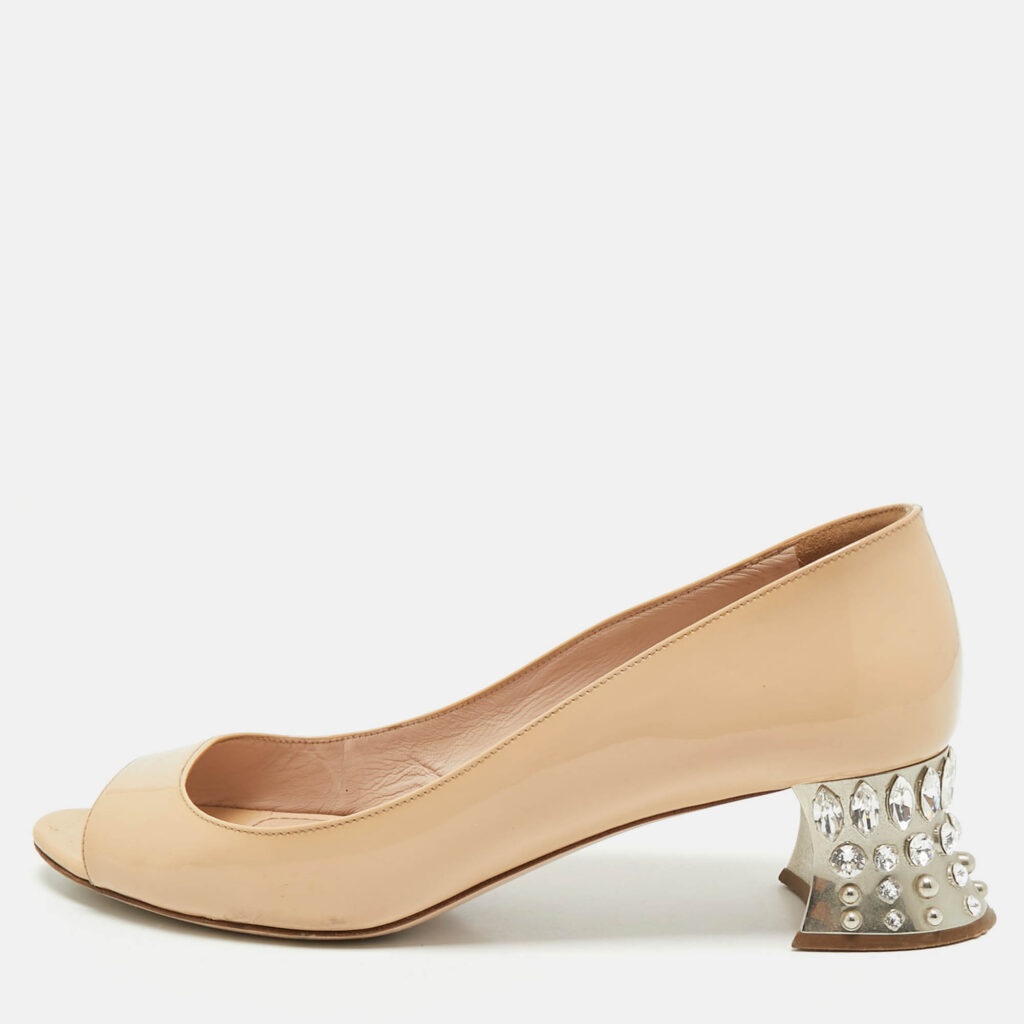 Miu Miu Beige Patent Leather Crystal Embellished Peep Toe Pumps Size 39.5