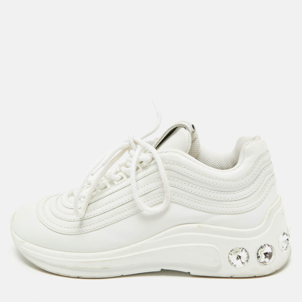 Miu Miu White Leather Crystal Embellished Low Top Sneakers Size 36 Miu Miu White Leather Crystal Embellished Low Top Sneakers Size 36
