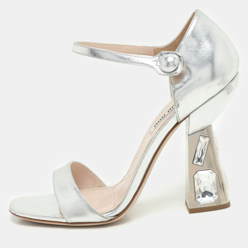 Miu Miu Silver Leather Crystal Embellished Heel Ankle Strap Sandals Size 38 Miu Miu Silver Leather Crystal Embellished Heel Ankle Strap Sandals Size 38