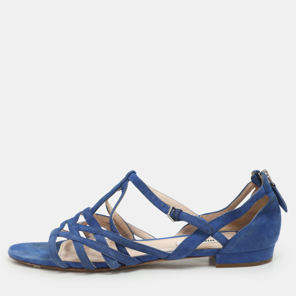 Miu Miu Blue Suede Buckle Detail Strappy Flat Sandals Size 38 Miu Miu Blue Suede Buckle Detail Strappy Flat Sandals Size 38