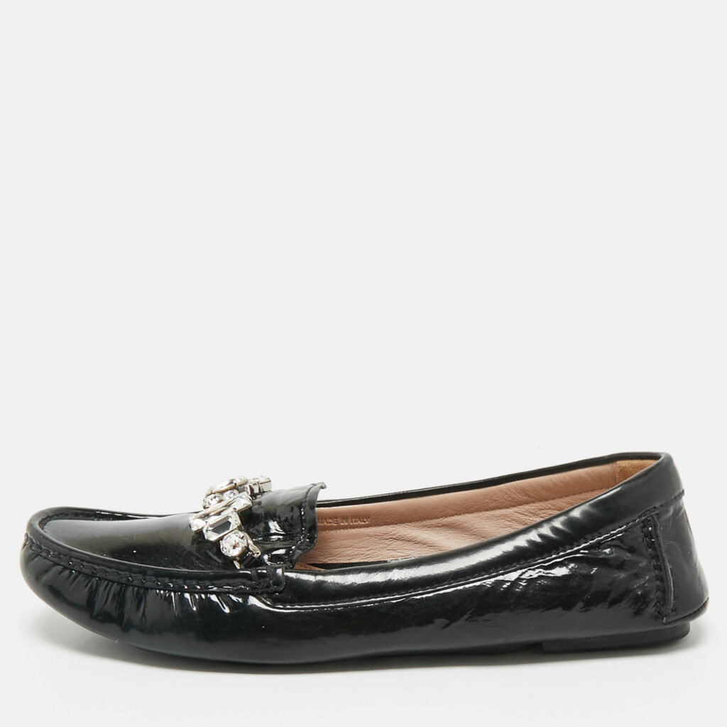 Miu Miu Black Patent Leather Crystals Embellished Loafers Size 38 Miu Miu Black Patent Leather Crystals Embellished Loafers Size 38