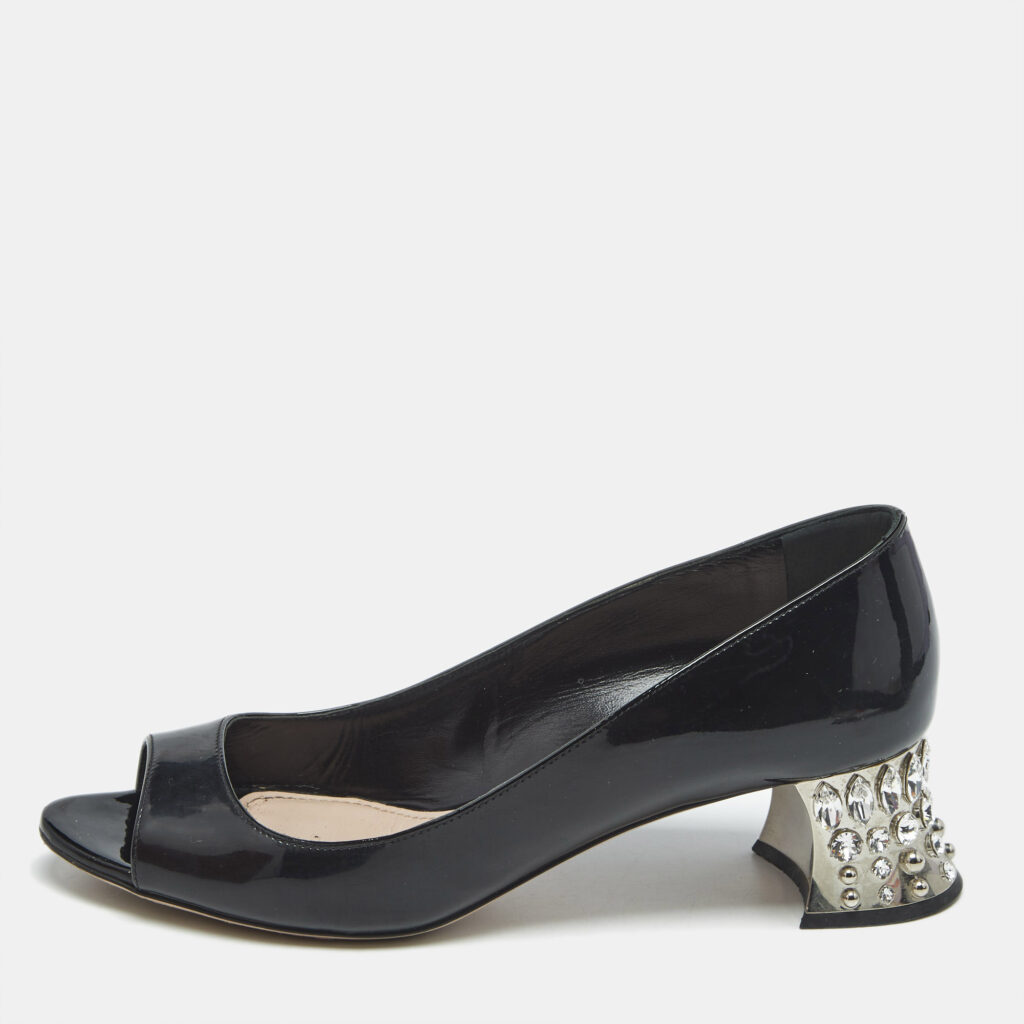 Miu Miu Black Patent Leather Crystal Embellished Peep Toe Pumps Size 36.5