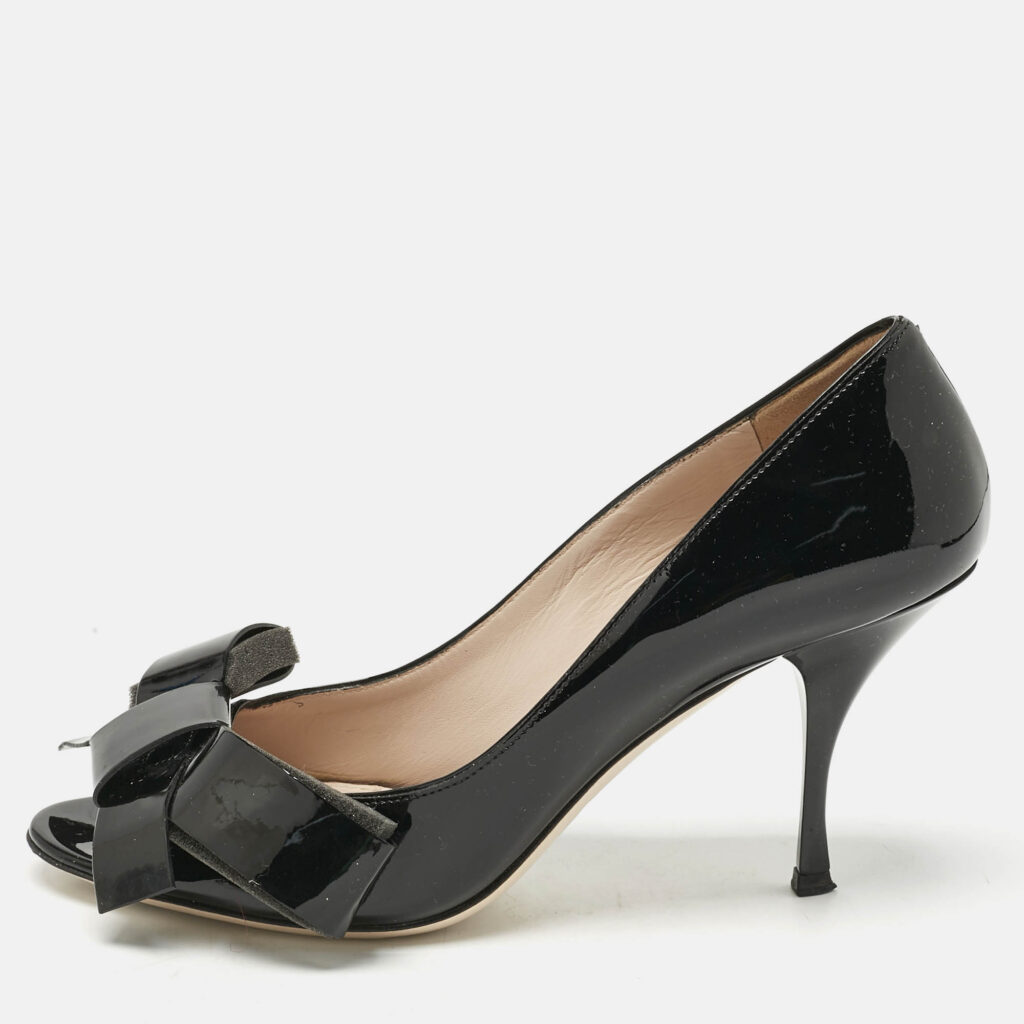Miu Miu Black Patent Leather Bow Peep Toe Pumps Size 39 Miu Miu Black Patent Leather Bow Peep Toe Pumps Size 39