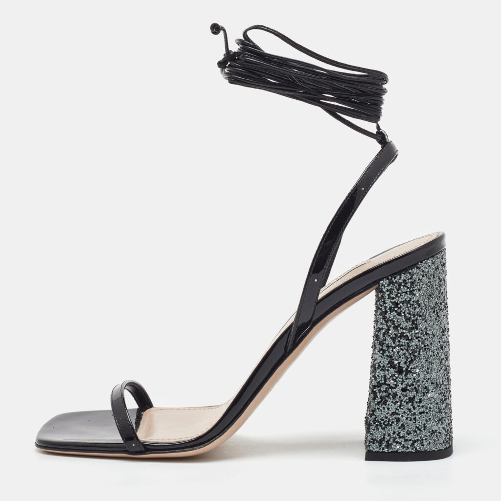 Miu Miu Black Patent Leather and Glitter Block Heel Ankle Wrap Sandals Size 38.5 Miu Miu Black Patent Leather and Glitter Block Heel Ankle Wrap Sandals Size 38.5