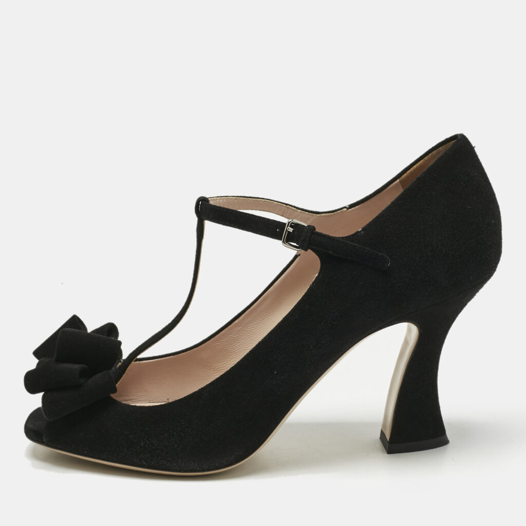 Miu Miu Black Suede Bow T Strap Peep Toe Pumps Size 40 Miu Miu Black Suede Bow T Strap Peep Toe Pumps Size 40