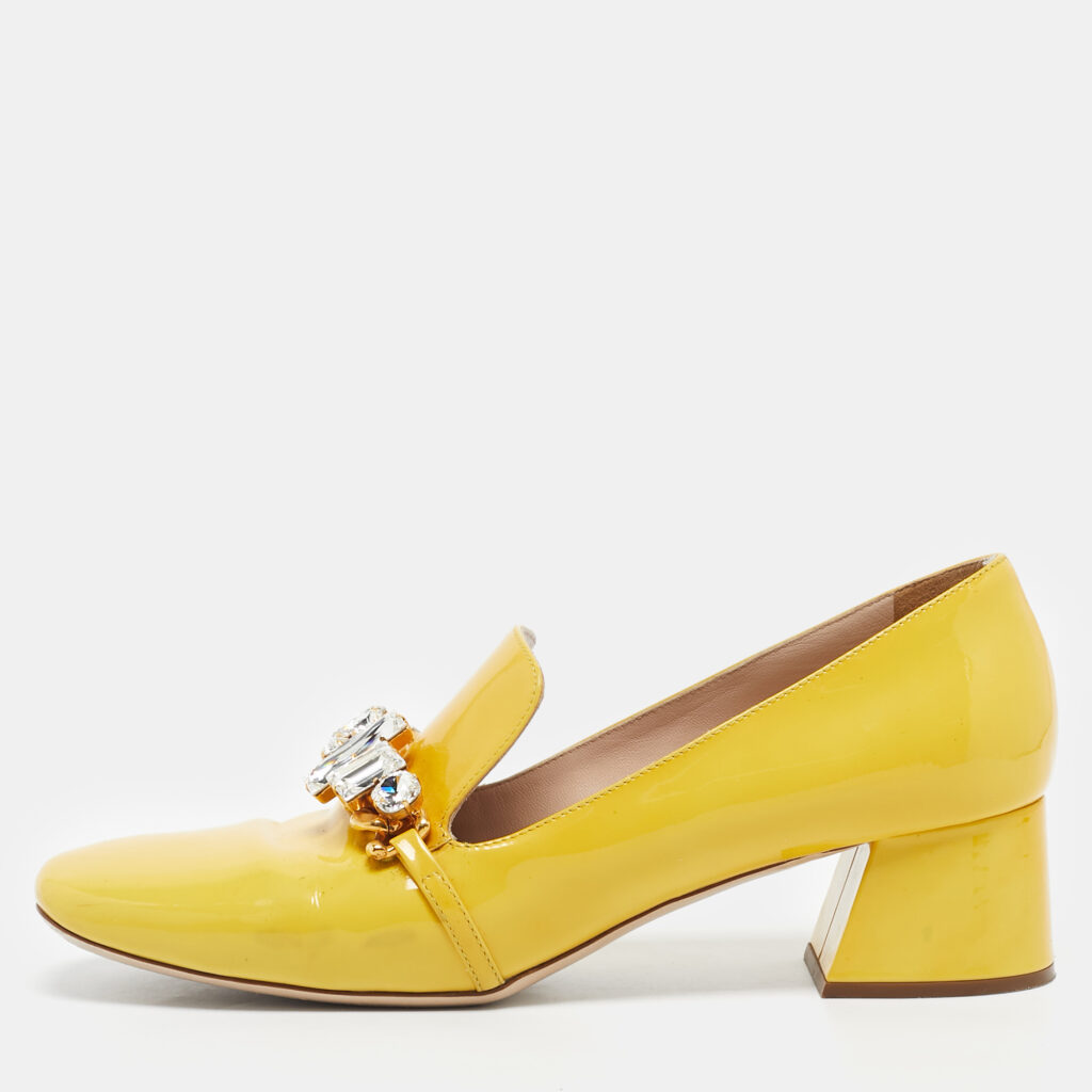 Miu Miu Yellow Patent Leather Crystal Embellished Pumps Size 39.5 Miu Miu Yellow Patent Leather Crystal Embellished Pumps Size 39.5