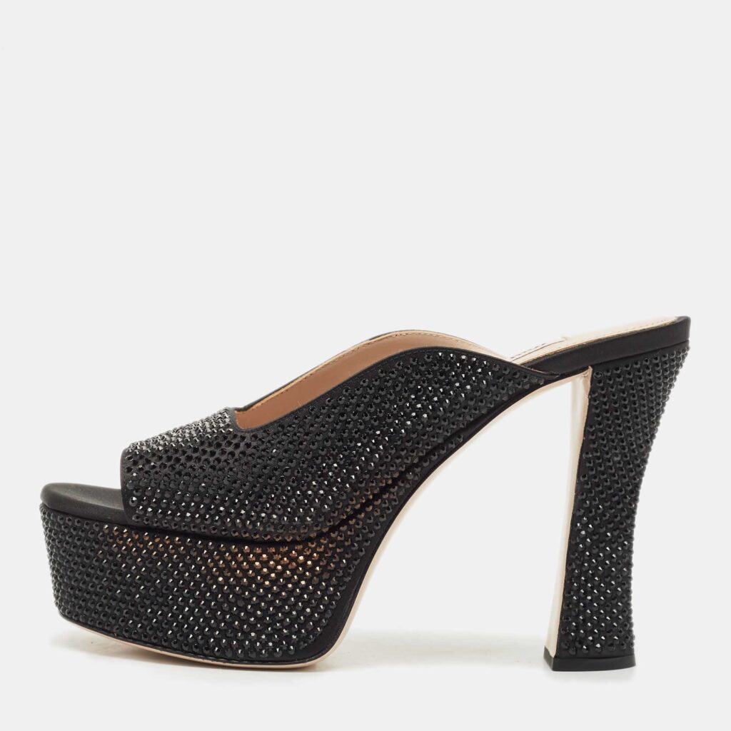 Miu Miu Black Satin Crystals Platform Sandals Size 38 Miu Miu Black Satin Crystals Platform Sandals Size 38
