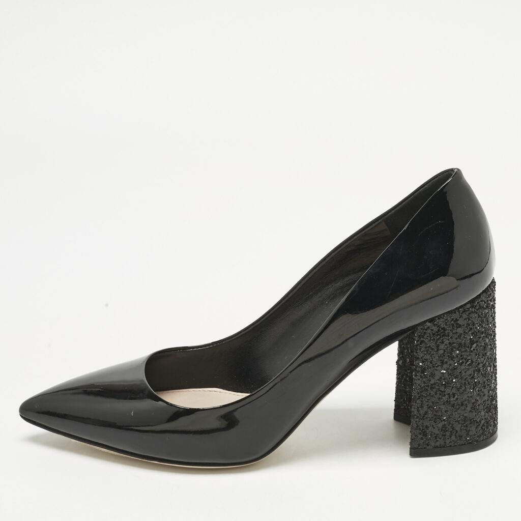 Miu Miu Black Patent Leather Glitter Heel Pointed Toe Pumps Size 39 Miu Miu Black Patent Leather Glitter Heel Pointed Toe Pumps Size 39
