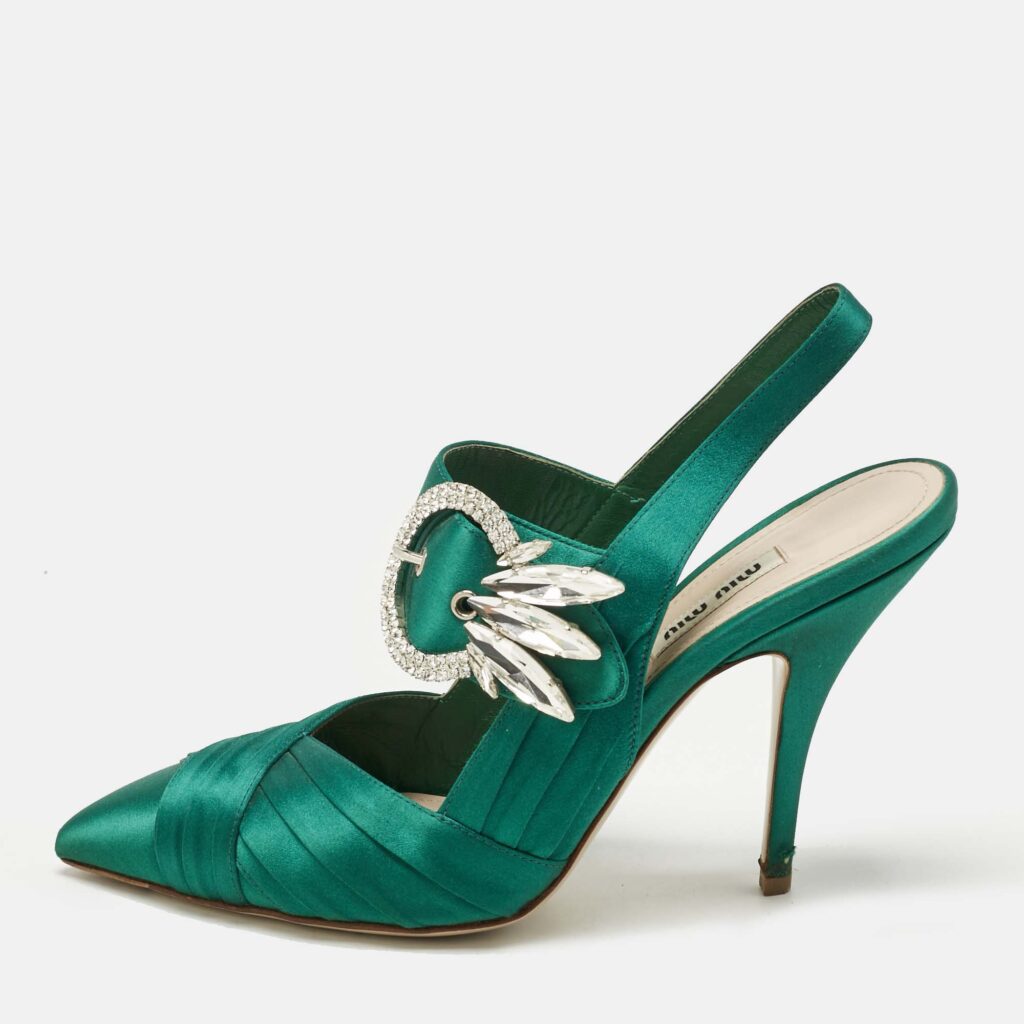 Miu Miu Green Satin Crystal Embellished Donna Slingback Pumps Size 37 Miu Miu Green Satin Crystal Embellished Donna Slingback Pumps Size 37