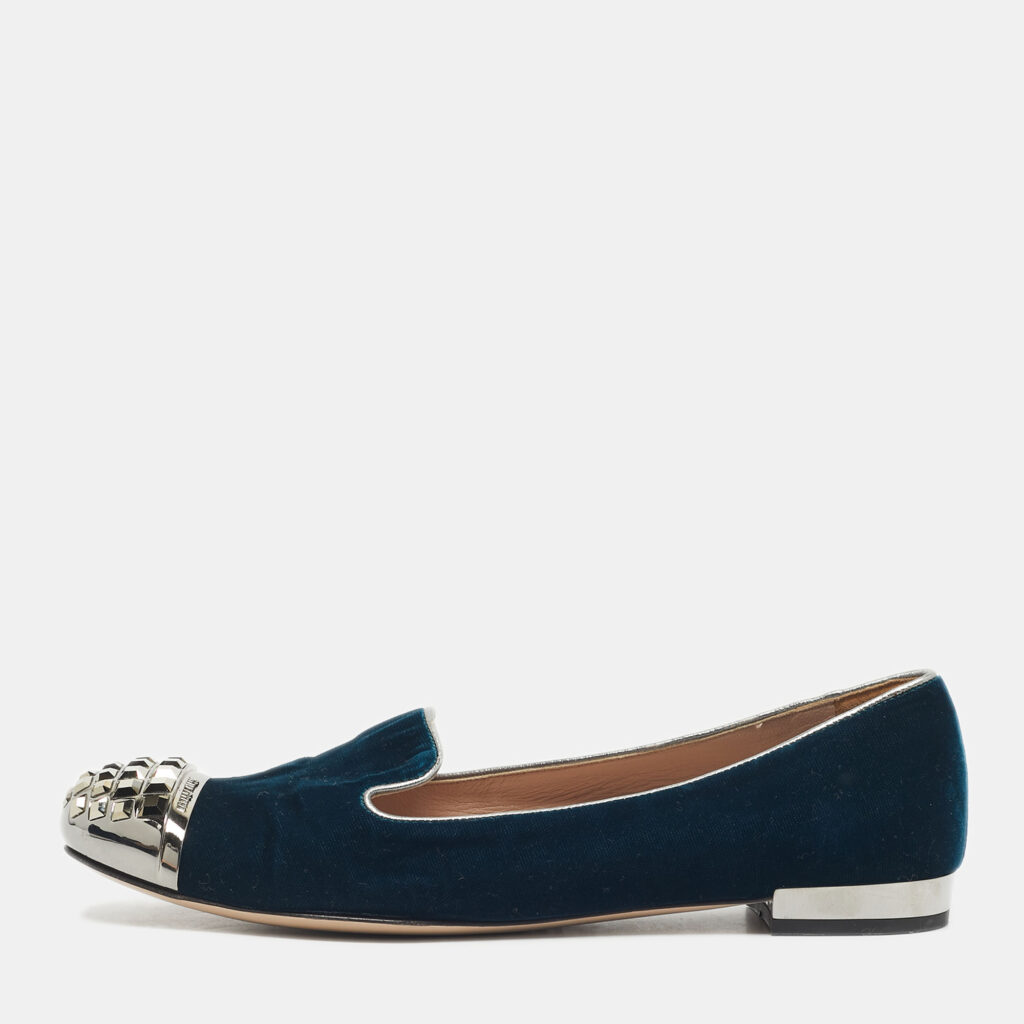 Miu Miu Blue Velvet Crystal Embellished Cap Toe Smoking Slippers Size 38
