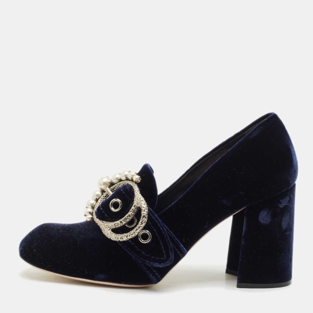 Miu Miu Navy Blue Velvet Pearl Embellished Block Heel Pumps Size 39 Miu Miu Navy Blue Velvet Pearl Embellished Block Heel Pumps Size 39