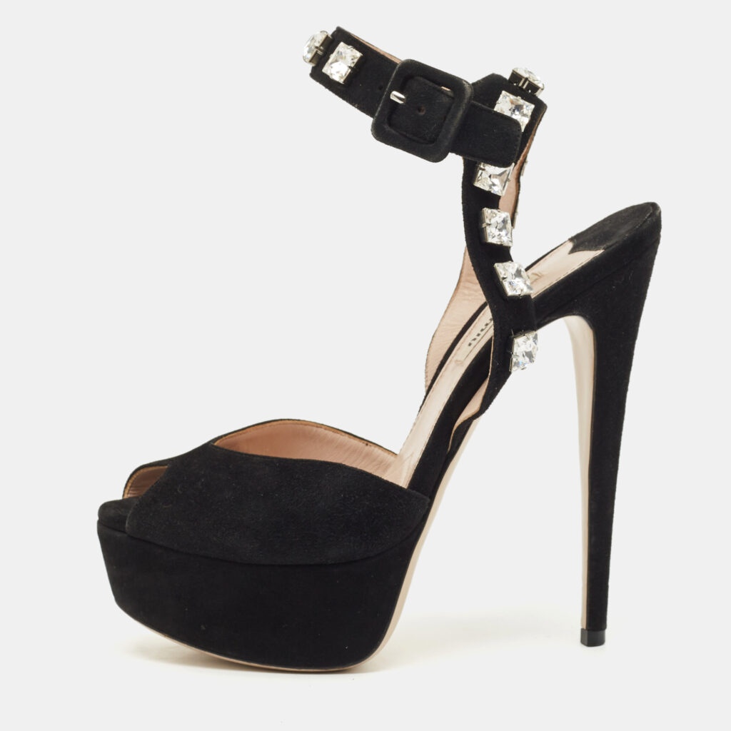 Miu Miu Black Suede Crystal Embellished Platform Ankle-Strap Sandals Size 37.5 Miu Miu Black Suede Crystal Embellished Platform Ankle-Strap Sandals Size 37.5