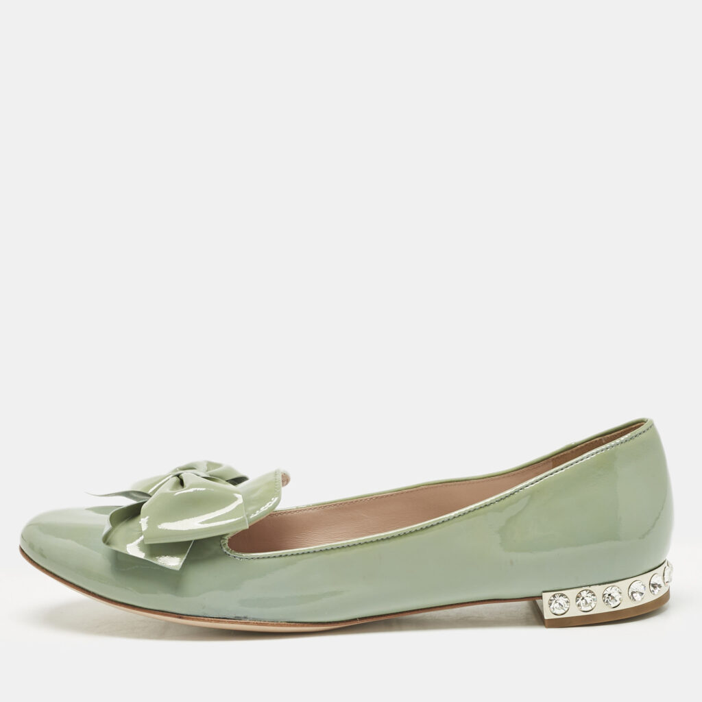 Miu Miu Blue Patent Leather Bow Crystal Embellished Smoking Slippers Size 39.5