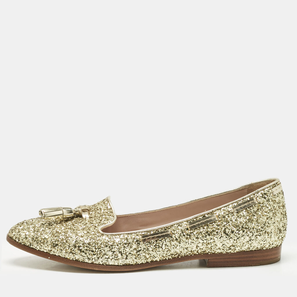 Miu Miu Gold Glitter And Leather Tassel Smoking Slippers Size 39 Miu Miu Gold Glitter And Leather Tassel Smoking Slippers Size 39