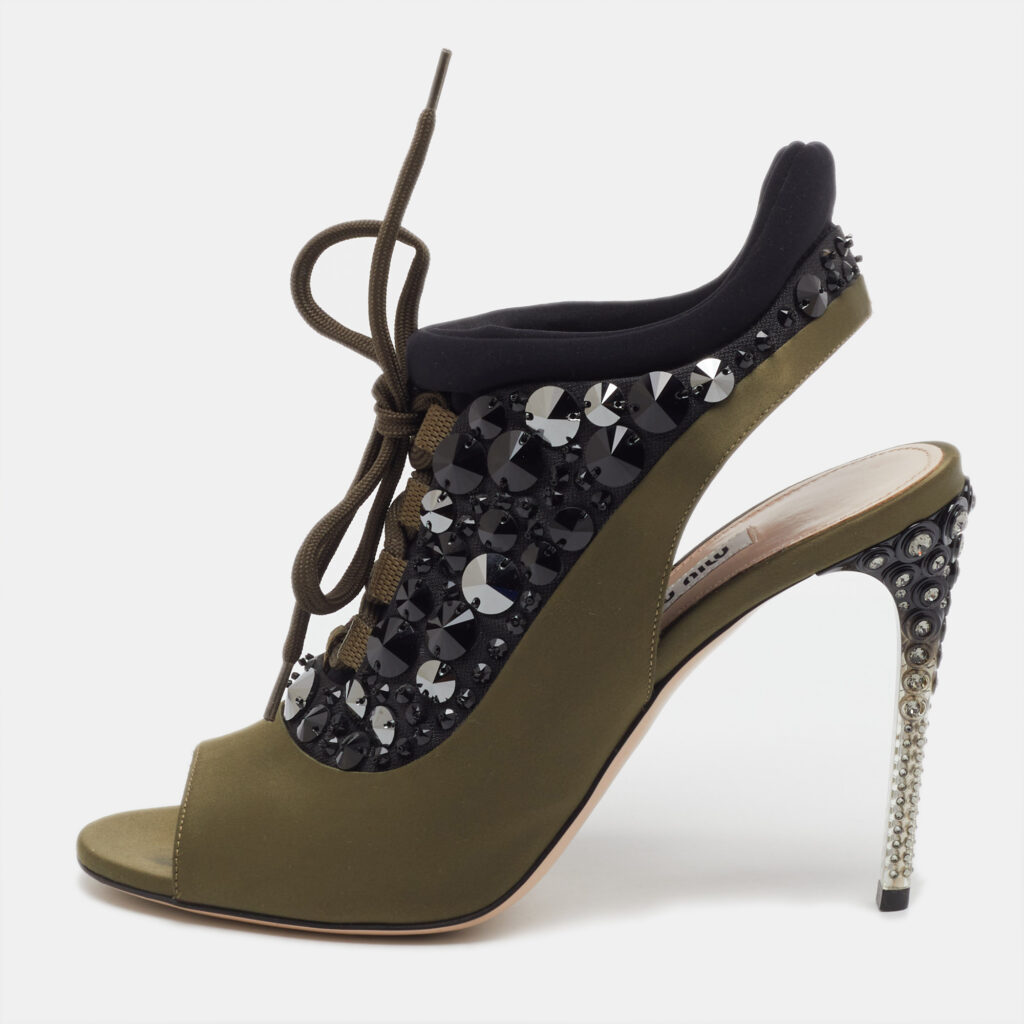 Miu Miu Green/Black Satin and Neoprene Crystal Embellished Lace Up Slingback Sandals Size 38.5 Miu Miu Green/Black Satin and Neoprene Crystal Embellished Lace Up Slingback Sandals Size 38.5