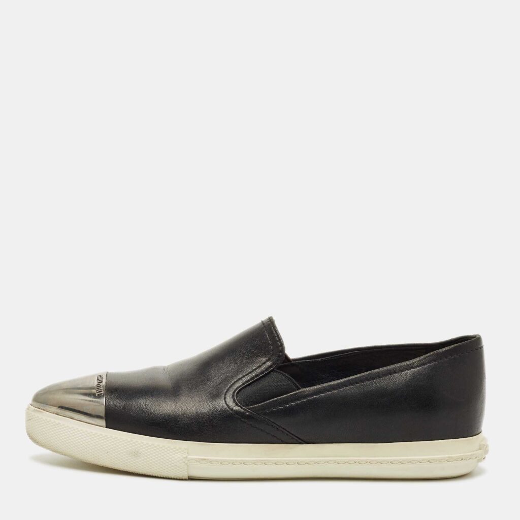 Miu Miu Black Leather Metal Cap Toe Slip On Sneakers Size 36.5 Miu Miu Black Leather Metal Cap Toe Slip On Sneakers Size 36.5