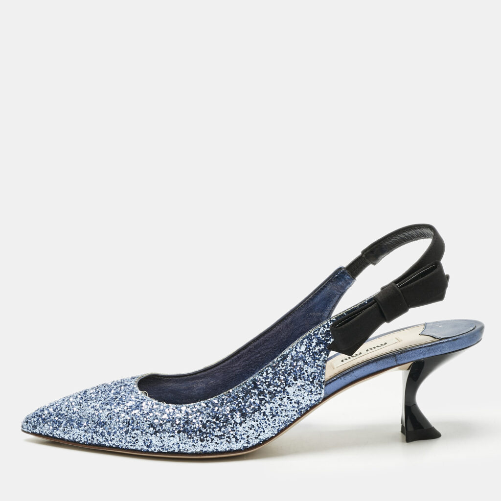 Miu Miu Blue Coarse Glitter Bow Slingback Pumps Size 40.5 Miu Miu Blue Coarse Glitter Bow Slingback Pumps Size 40.5