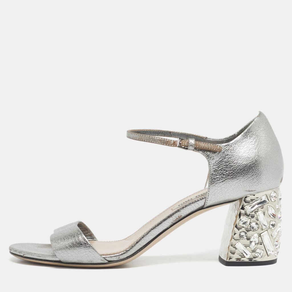 Miu Miu Silver Leather Crystal Embellished Block Heel Ankle Strap Platform Sandals Size 37