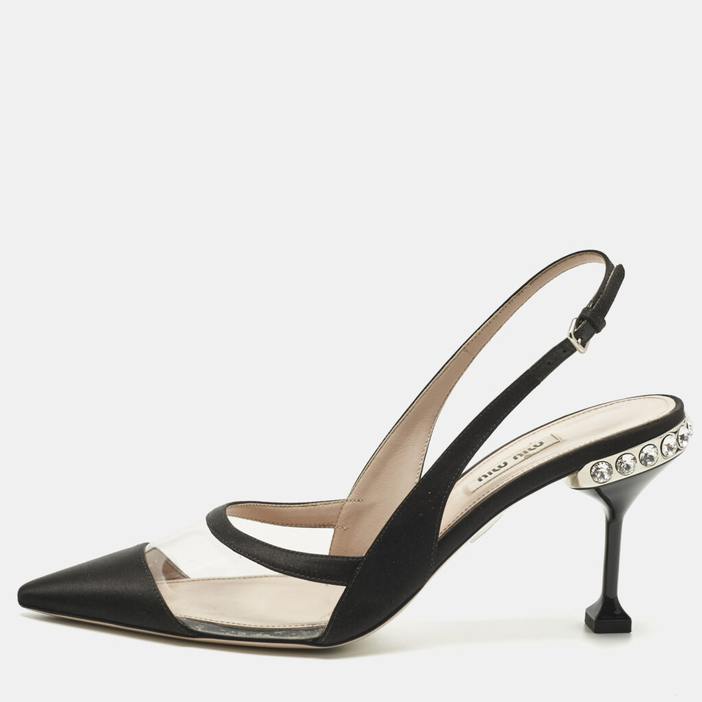 Miu Miu Black Satin And PVC Crystal Embellished Slingback Pumps Size 39 Miu Miu Black Satin And PVC Crystal Embellished Slingback Pumps Size 39