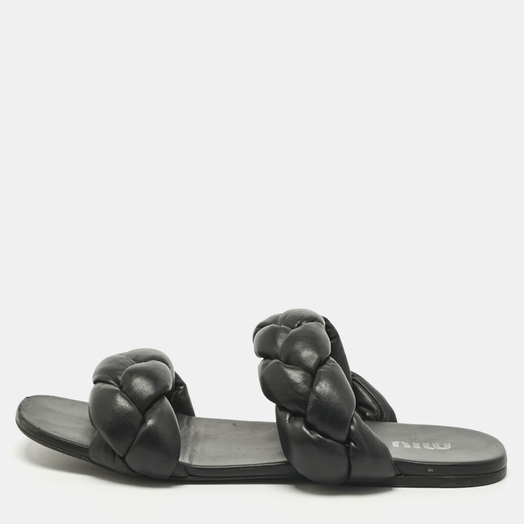 Miu Miu Black Woven Leather Flat Slides Size 39.5 Miu Miu Black Woven Leather Flat Slides Size 39.5