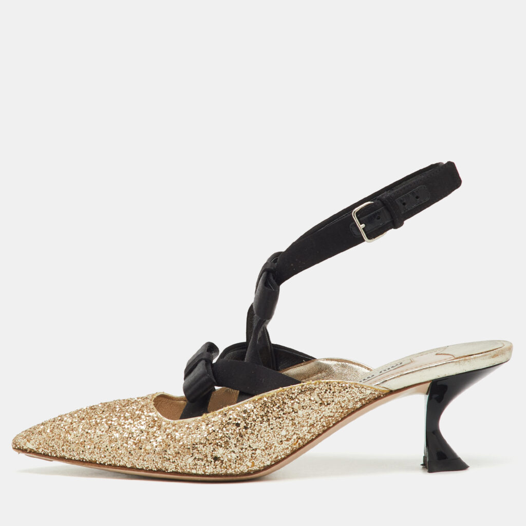Miu Miu Metallic Gold/Black Glitter and Satin Bow Pointed Toe Slingback Pumps Size 38