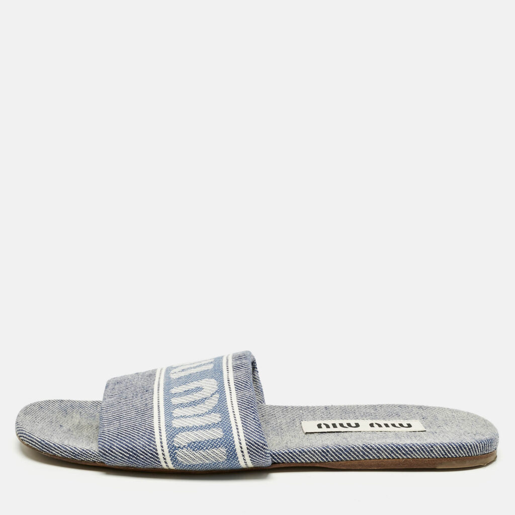Miu Miu Blue Denim Logo Flat Slide Sandals Size 38 Miu Miu Blue Denim Logo Flat Slide Sandals Size 38