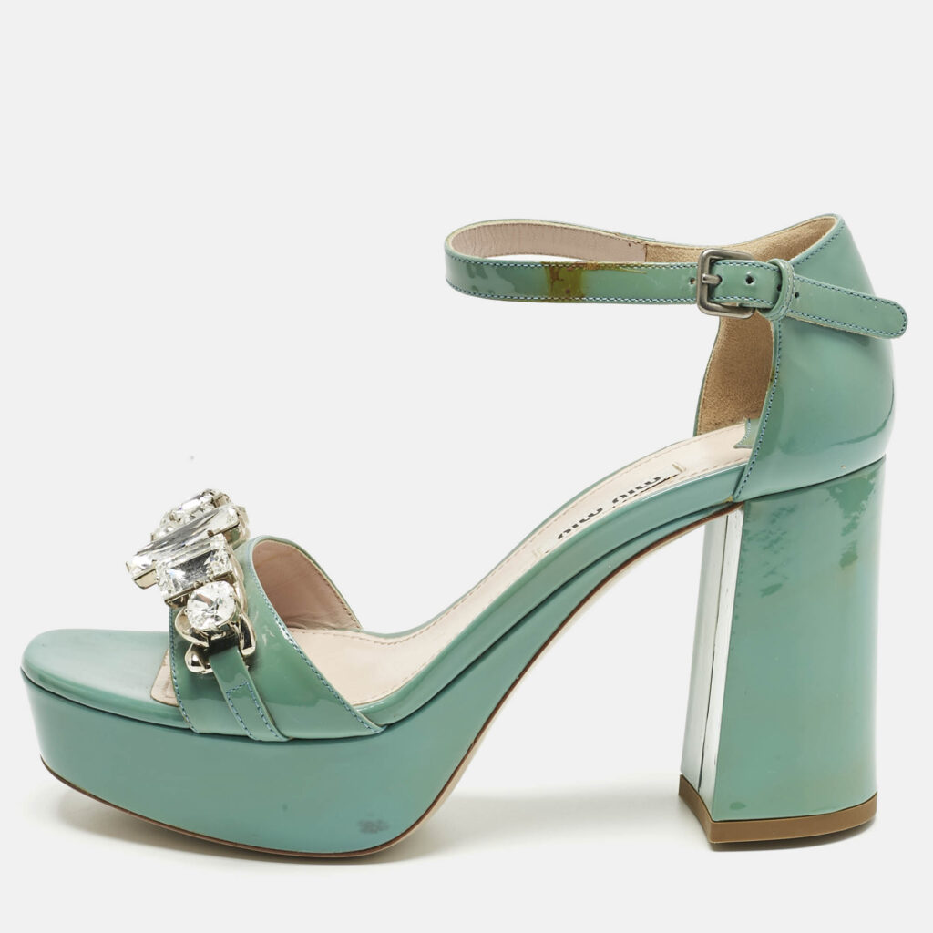 Miu Miu Light Green Patent Leather Crystals Embellished Platform Sandals Size 36.5