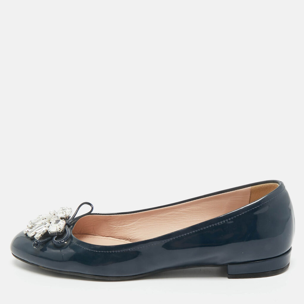Miu Miu Navy Blue Patent Leather Crystal Embellished Ballet Flats Size 37 Miu Miu Navy Blue Patent Leather Crystal Embellished Ballet Flats Size 37
