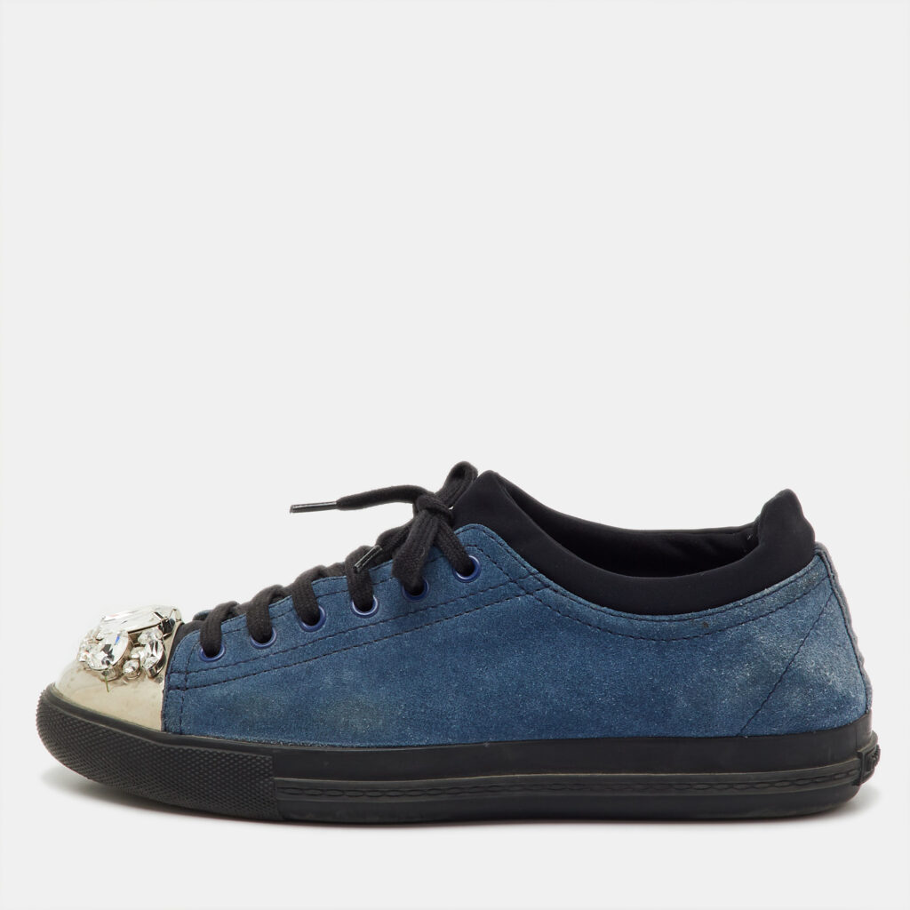 Miu Miu Blue/Black Suede Crystal Embellished Cap Toe Low Top Sneakers Size 39 Miu Miu Blue/Black Suede Crystal Embellished Cap Toe Low Top Sneakers Size 39