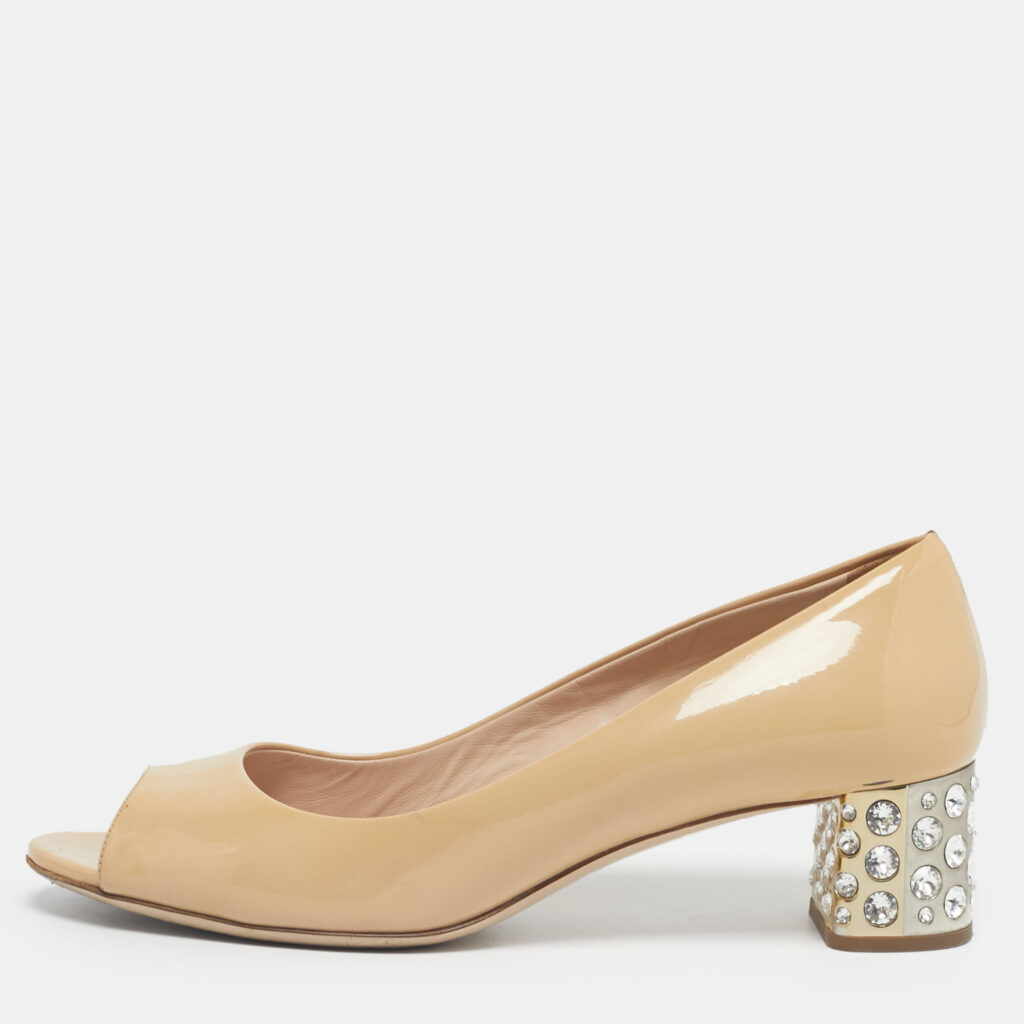 Miu Miu Beige Patent Leather Crystal Embellish Block Heel Pumps Size 38