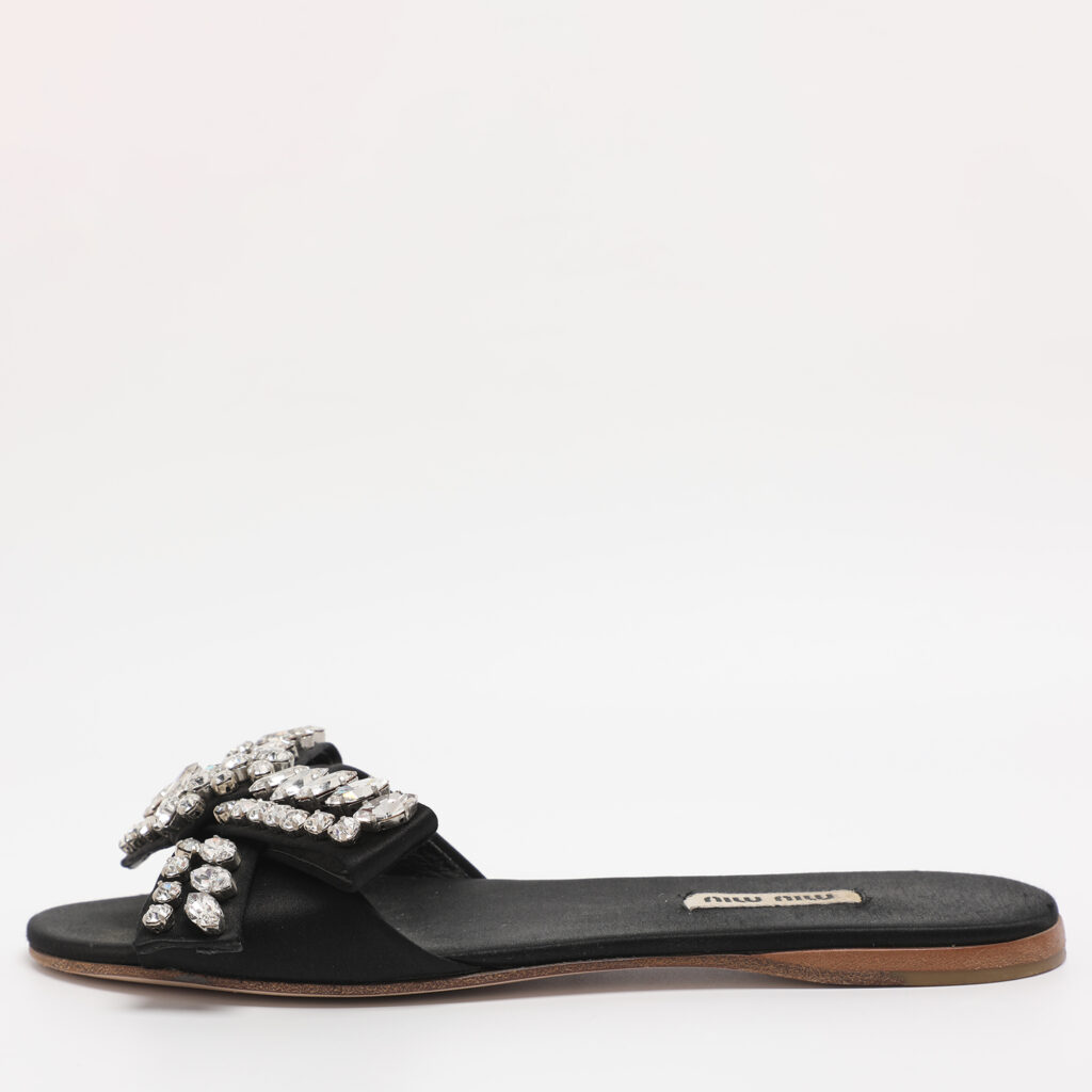 Miu Miu Black Satin Crystal Embellished Bow Slide Sandals Size 37 Miu Miu Black Satin Crystal Embellished Bow Slide Sandals Size 37