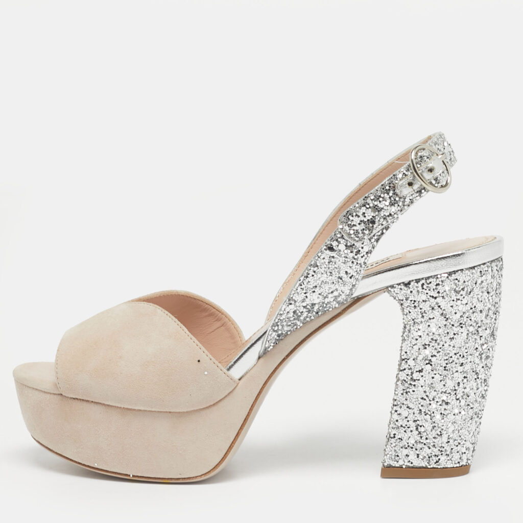 Miu Miu Beige/Beige Glitter and Suede Ankle Strap Sandals Size 36 Miu Miu Beige/Beige Glitter and Suede Ankle Strap Sandals Size 36