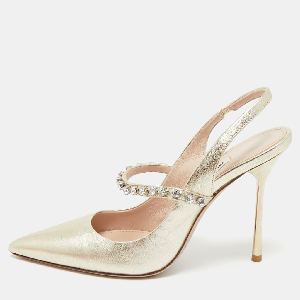 Miu Miu Gold Leather Crystal Embellished Mary Jane Slingback Pumps Size 36 Miu Miu Gold Leather Crystal Embellished Mary Jane Slingback Pumps Size 36