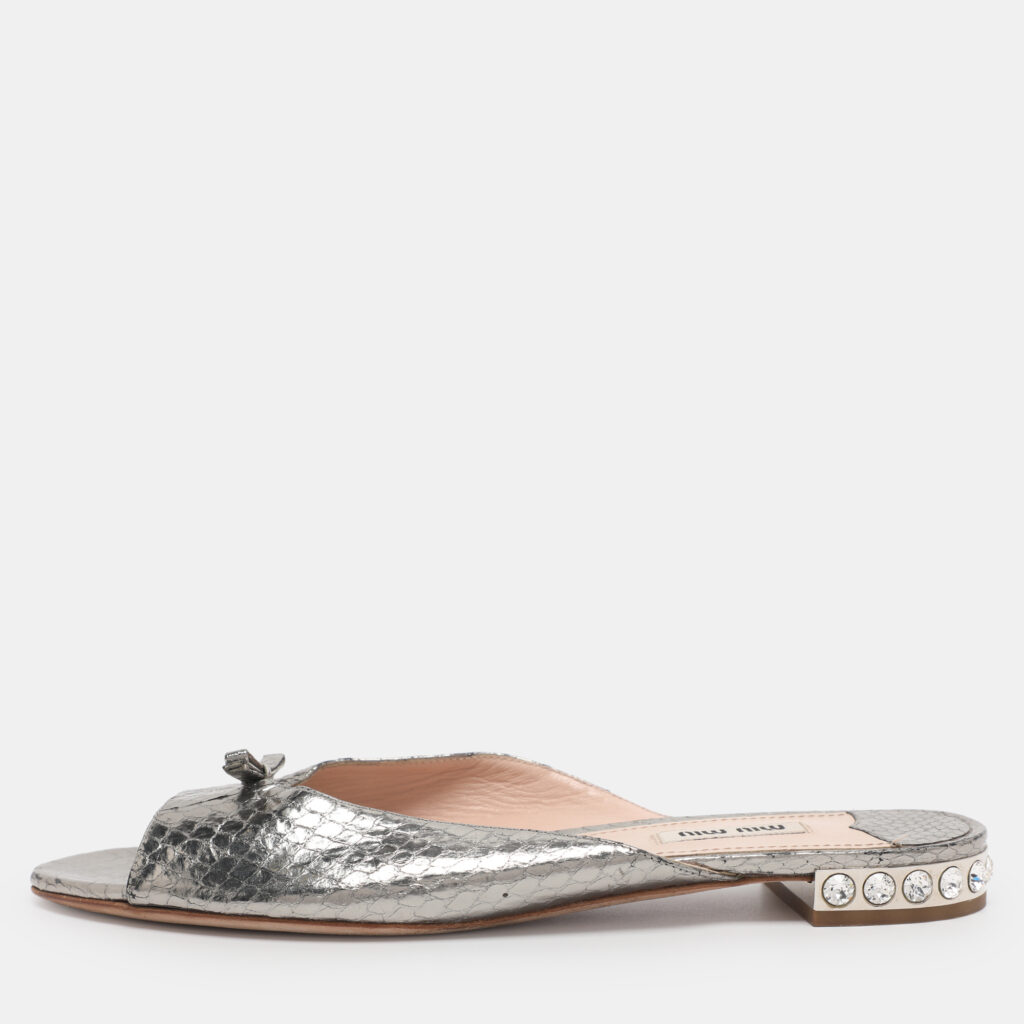 luxury-women-miu-miu-used-shoes-p1219852-008.jpg Miu Miu Metallic Silver Python Embossed Leather Crystal Embellished Flat Slides Size 40.5