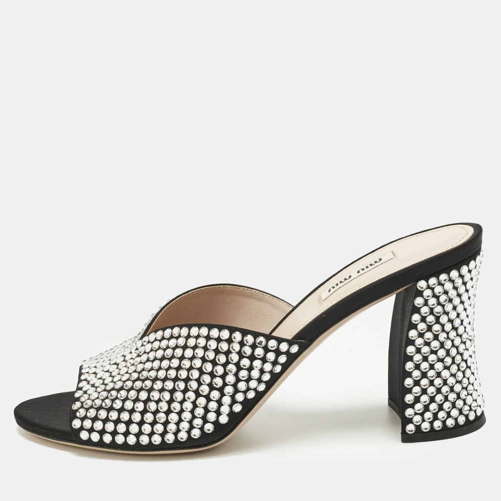 luxury-women-miu-miu-used-shoes-p1220600-001-1.jpg Miu Miu Black Satin Crystal Embellished Block Heel Slide Sandals Size 39.5