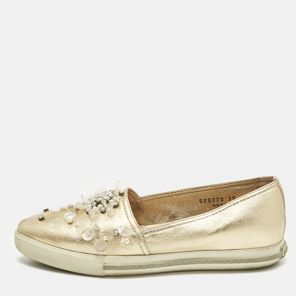 Miu Miu Gold LeatherEmbellish Pointed Toe Slip On Sneakers Size 36 Miu Miu Gold LeatherEmbellish Pointed Toe Slip On Sneakers Size 36
