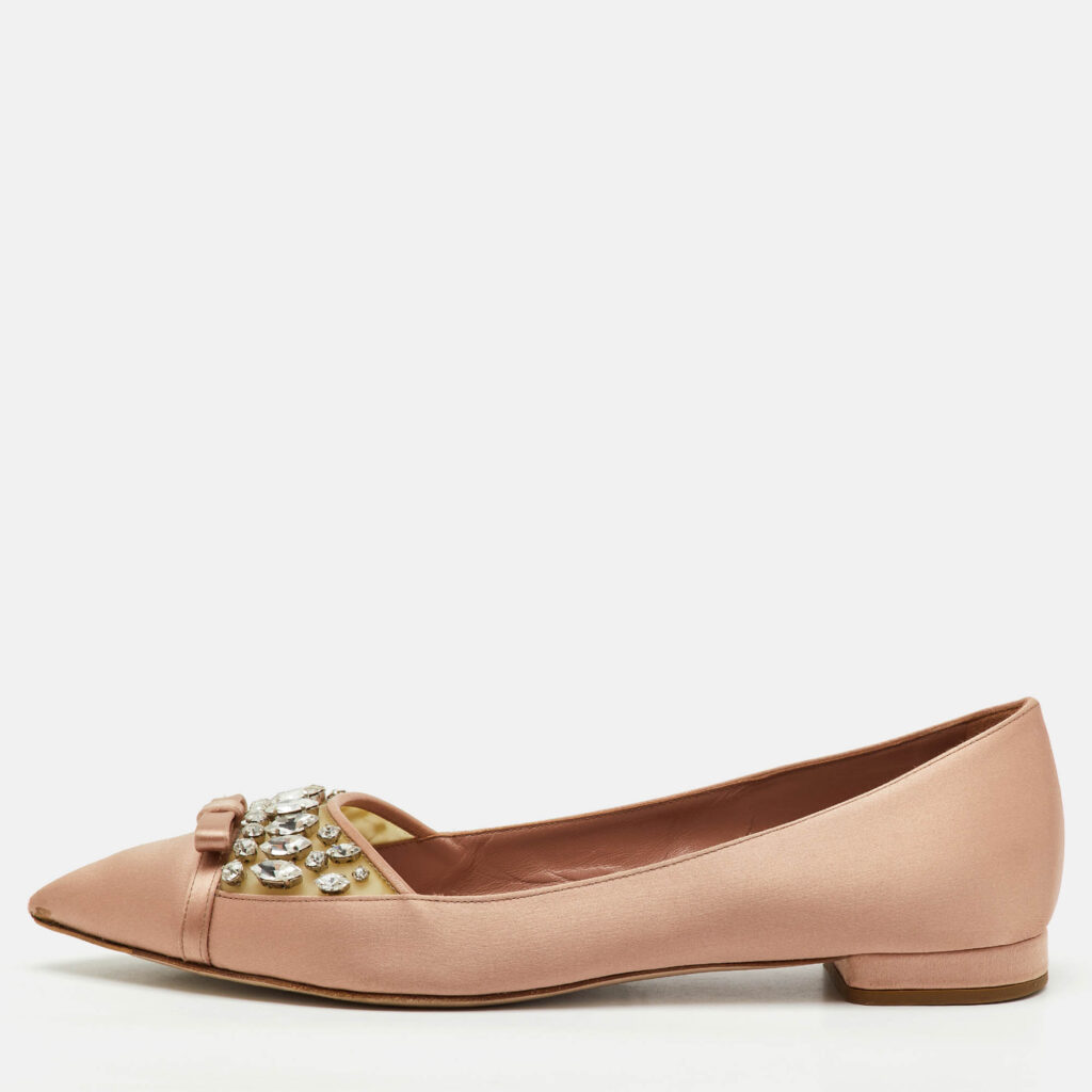 luxury-women-miu-miu-used-shoes-p1222169-010-1.jpg Miu Miu Beige Satin Bow Crystal Embellished Pointed Toe Ballet Flats Size 38.5