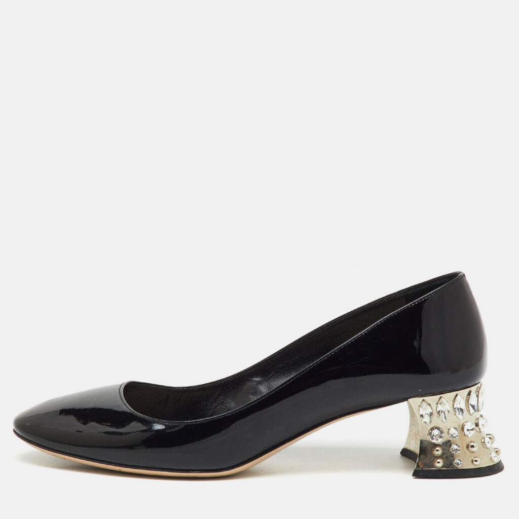 Miu Miu Black Patent Leather Crystal Embellished Block Heel Pumps Size 40 Miu Miu Black Patent Leather Crystal Embellished Block Heel Pumps Size 40