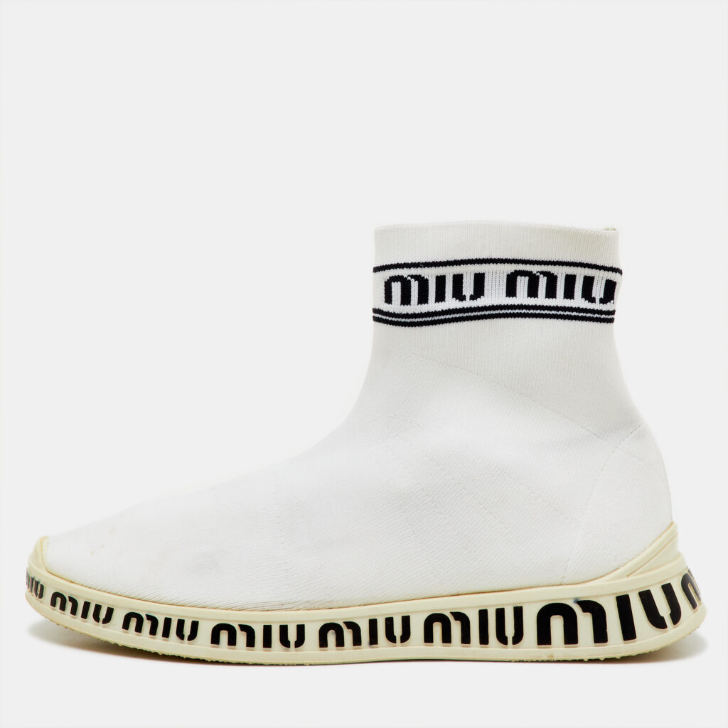 luxury-women-miu-miu-used-shoes-p1224380-001.jpg Miu Miu White Knit Fabric Sock High Slip On Sneakers Size 40